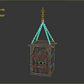 Vintage Lantern With Metal And Wooden Structure Hanging By Chain Glowing Green Patterns And Eyes