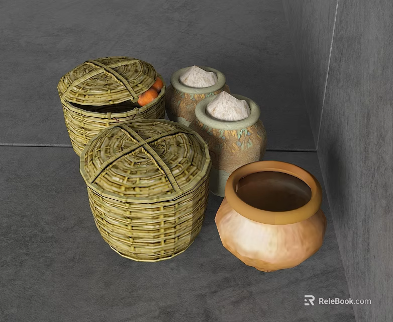 Woven Wicker Garden Decor Baskets With Ceramic Jars And Brown Clay Pot 3d model 