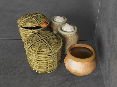 Woven Wicker Garden Decor Baskets With Ceramic Jars And Brown Clay Pot 3d model