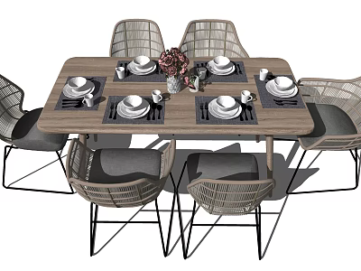 Wooden Top Dining Table Set with Rattan Chairs Gray Cushions Metal Legs Tableware and Flower 3d model