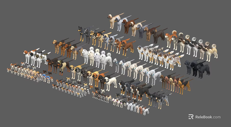 Assorted Dog Figurines With Different Colors And Various Poses Arranged Neatly 3d model 