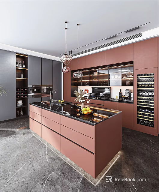 Modern Kitchen Interior With Open Layout Island Counter Cabinets And Wine Rack 3d model 