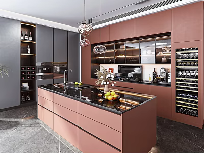 Modern Kitchen Interior With Open Layout Island Counter Cabinets And Wine Rack 3d model