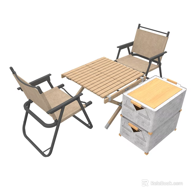 Outdoor Wooden Table Set With Canvas Chairs And Metal Frame Storage Drawer Unit 3d model 