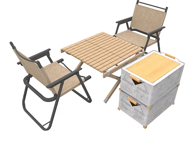 Outdoor Wooden Table Set With Canvas Chairs And Metal Frame Storage Drawer Unit 3d model