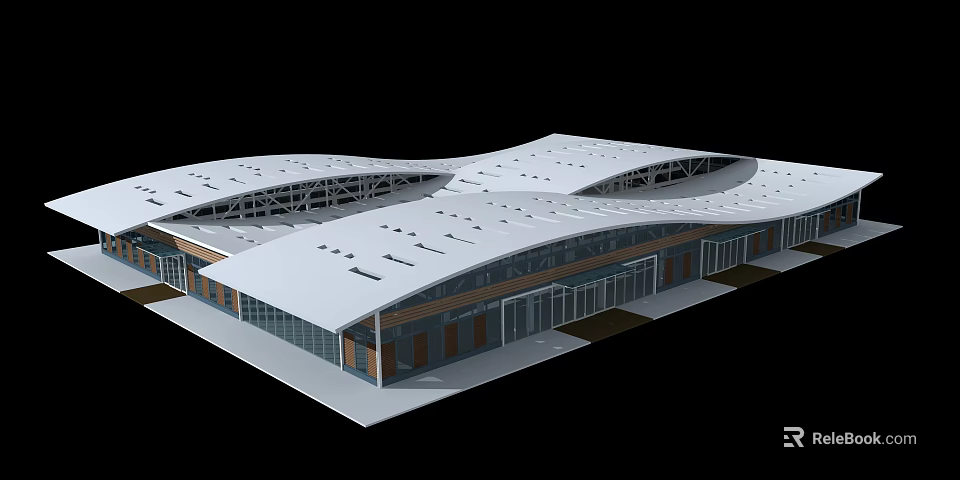 Modern Architectural Design With Wavy Roof Large Glass Windows And Metal Structure 3d model 