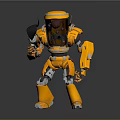 Yellow Robot with Transparent Helmet Holding Black Tool and Colorful Interior