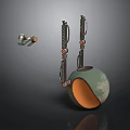 Mechanical Spherical Weapon With Green Orange Surface And Metal Structural Parts