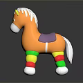 Orange Toy Horse With White Mane Purple Saddle And Colorful Striped Legs On Dark Background