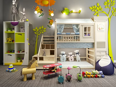 Kids Bunk Bed In Colorful Children's Room With Toys And Decorative Elements 3d model