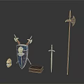 Medieval Historical Weapons Collection Featuring Shield Sword Axe Helmet And Wooden Box
