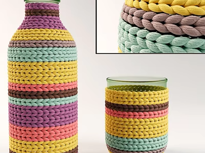 Colorful Woven Vase And Cup In Different Sizes With Striped Patterns And Bright Tones 3d model