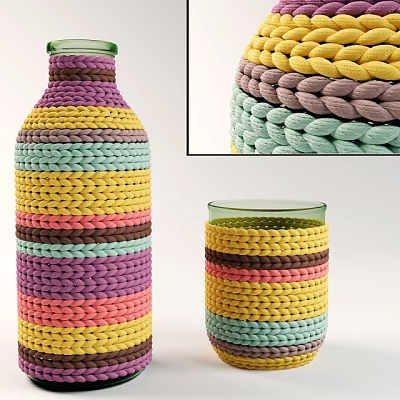 Colorful Woven Vase And Cup In Different Sizes With Striped Patterns And Bright Tones 3d model