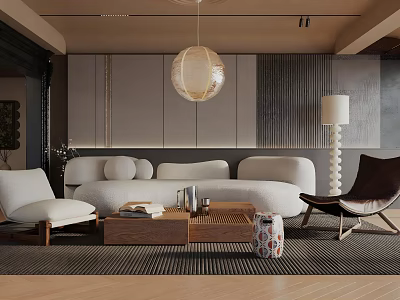 Modern Living Room Interior Design With White Sofa Round Pendant Light And Wooden Coffee Table 3d model
