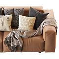 Stylish Brown Leather Double Sofa With Geometric Pillows And Tasseled Throw Blanket 3d model