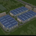 Industrial Factory Complex With Blue Roofs Green Surroundings And Road Access