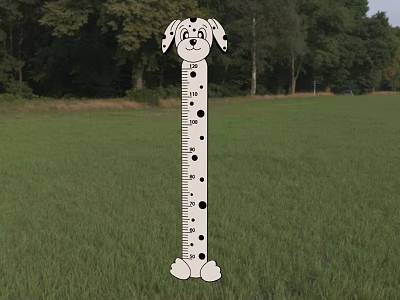Cartoon Dog Shaped Height Measuring Tool in Green Grass Field with Trees 3d model