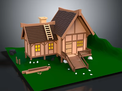 Cartoon Style Cottage Scene with Brown Roof Ladder Yellow Windows Wooden Stairs and Green Grass 3d model