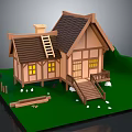 Cartoon Style Cottage Scene with Brown Roof Ladder Yellow Windows Wooden Stairs and Green Grass