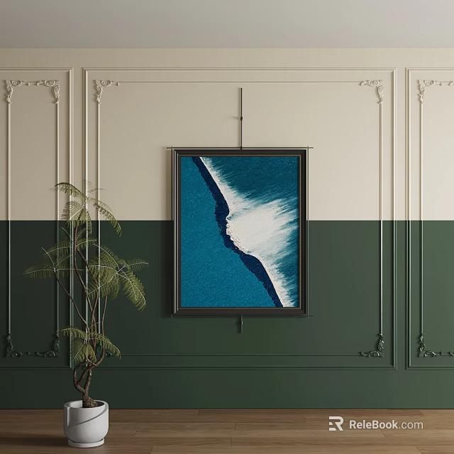 Abstract Painting With Blue White Flowing Texture On Decorative Green Beige Wall With Plant 3d model 