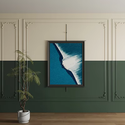 Abstract Painting With Blue White Flowing Texture On Decorative Green Beige Wall With Plant 3d model