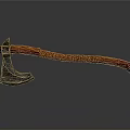 Ancient Battle Axe With Intricate Metal Head And Carved Wooden Handle