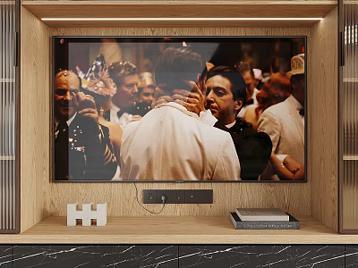 Modern Built in Television in Wooden Frame with Shelf and Decorative Items 3d model