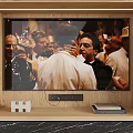 Modern Built in Television in Wooden Frame with Shelf and Decorative Items