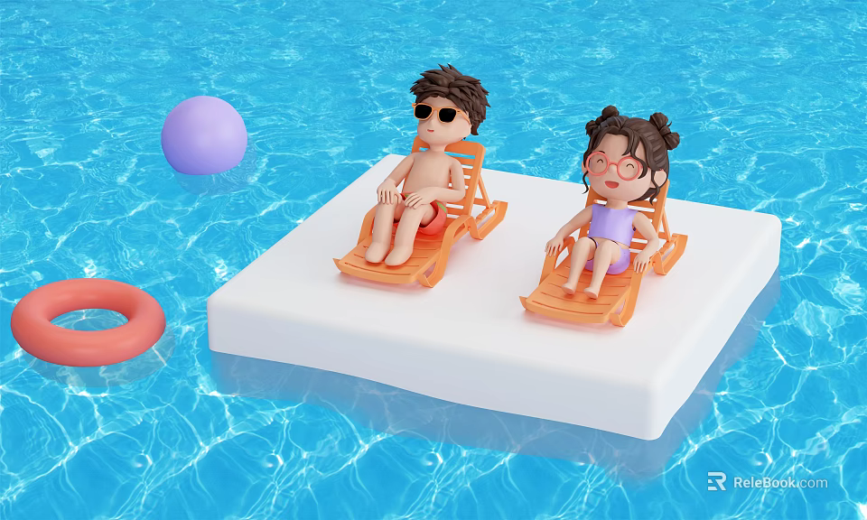 Cartoon Scene Two Kids On Orange Lounge Chairs By Pool With Purple Ball And Orange Lifebuoy 3d model 