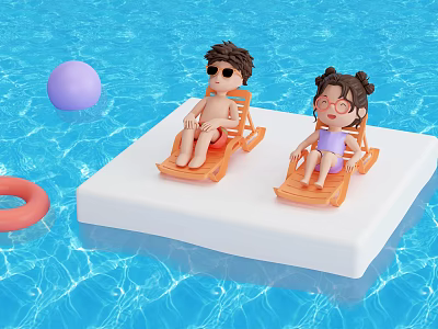 Cartoon Scene Two Kids On Orange Lounge Chairs By Pool With Purple Ball And Orange Lifebuoy 3d model
