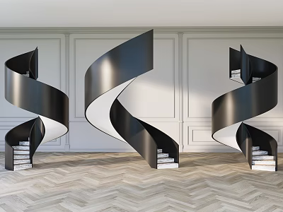 Black Spiral Staircases With White Walls And Herringbone Wood Floor Interior 3d model