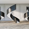 Black Spiral Staircases With White Walls And Herringbone Wood Floor Interior