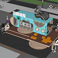 Unique Blue Container Cafe With Astronaut Statue Moon Decor Yellow Sofas And Outdoor Green Plants
