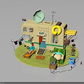 Colorful Camper Van Camping Scene With Satellite Dish Lifebuoy Deck Chair And Fishing Gear
