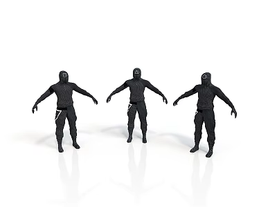 Three Black Outfit Human Figure 3D Models Standing In Different Poses 3d model