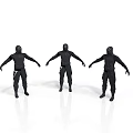 Three Black Outfit Human Figure 3D Models Standing In Different Poses