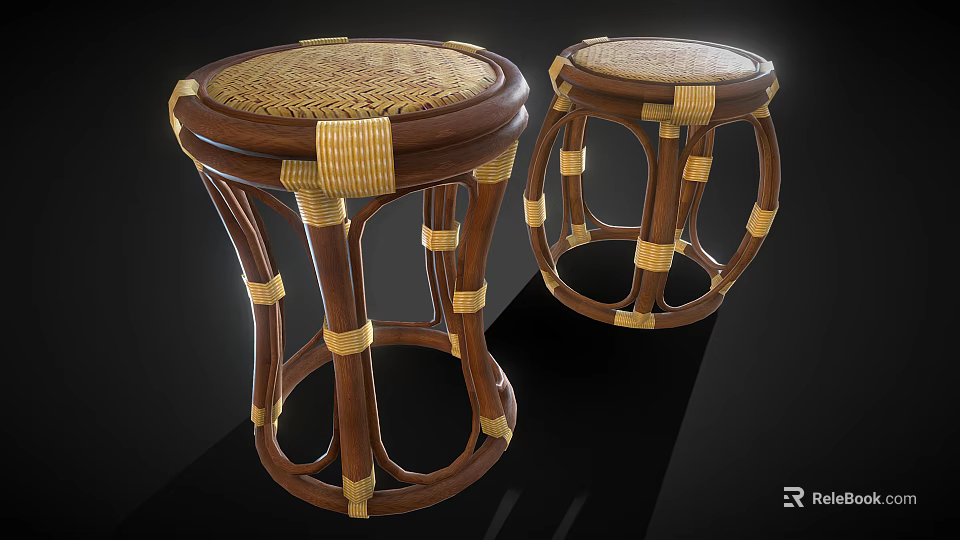 Handcrafted Wooden Stools With Rattan Seats Curved Legs And Woven Straps Design 3d model 
