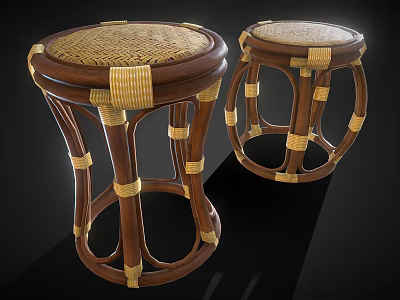 Handcrafted Wooden Stools With Rattan Seats Curved Legs And Woven Straps Design 3d model