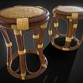 Handcrafted Wooden Stools With Rattan Seats Curved Legs And Woven Straps Design