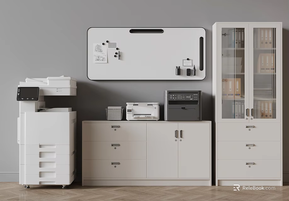 Modern Office Space With White Copier Printer Bulletin Board And Storage Cabinets 3d model 