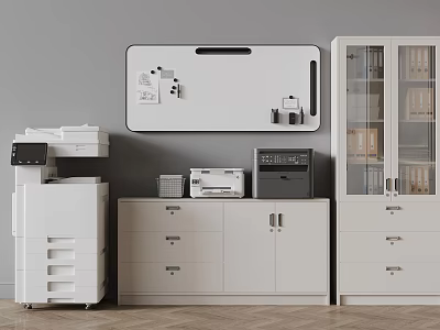 Modern Office Space With White Copier Printer Bulletin Board And Storage Cabinets 3d model