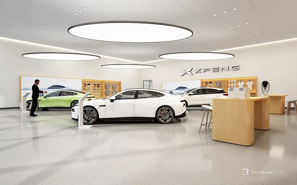 XPeng 4S Store Modern Showroom Featuring Display Cars And Reception Counter 3d model 