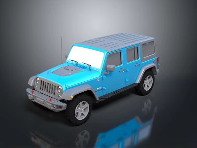 Blue Military Vehicle With Four Door Gray Roof And Off Road Tires 3d model