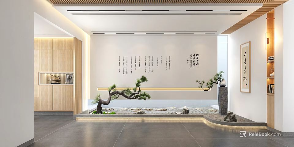 Modern Entryway Hallway With Wooden Cabinets Calligraphy Wall Small Pine Tree Stones And Water Feature 3d model 