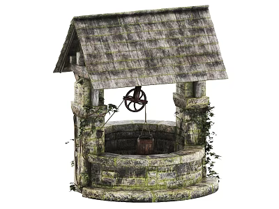 Ancient Stone Well With Thatch Roof Stone Structure Wooden Bucket And Climbing Vines 3d model