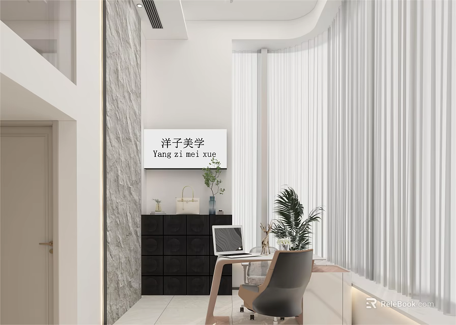 Modern Office Interior With Open Layout Desk Chair Potted Plant And Stone Curtain 3d model 