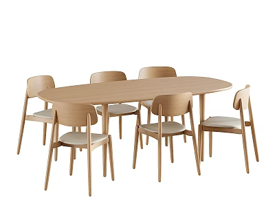 Modern Wooden Oval Dining Table and Six Chairs Set with Simple Design 3d model