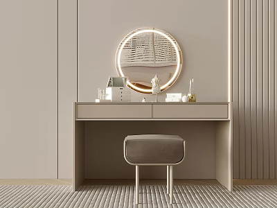 Modern Minimalist Dressing Table with Round Illuminated Mirror Decor Items Gray Stool and Striped Carpet 3d model