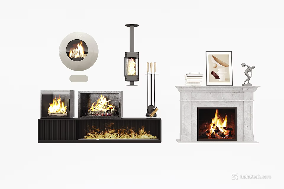 Modern Fireplaces With Various Designs Marble Mantel Black Cabinet And Burning Flames 3d model 