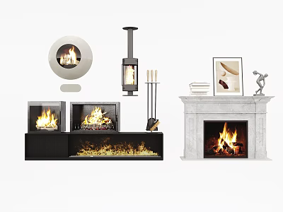 Modern Fireplaces With Various Designs Marble Mantel Black Cabinet And Burning Flames 3d model